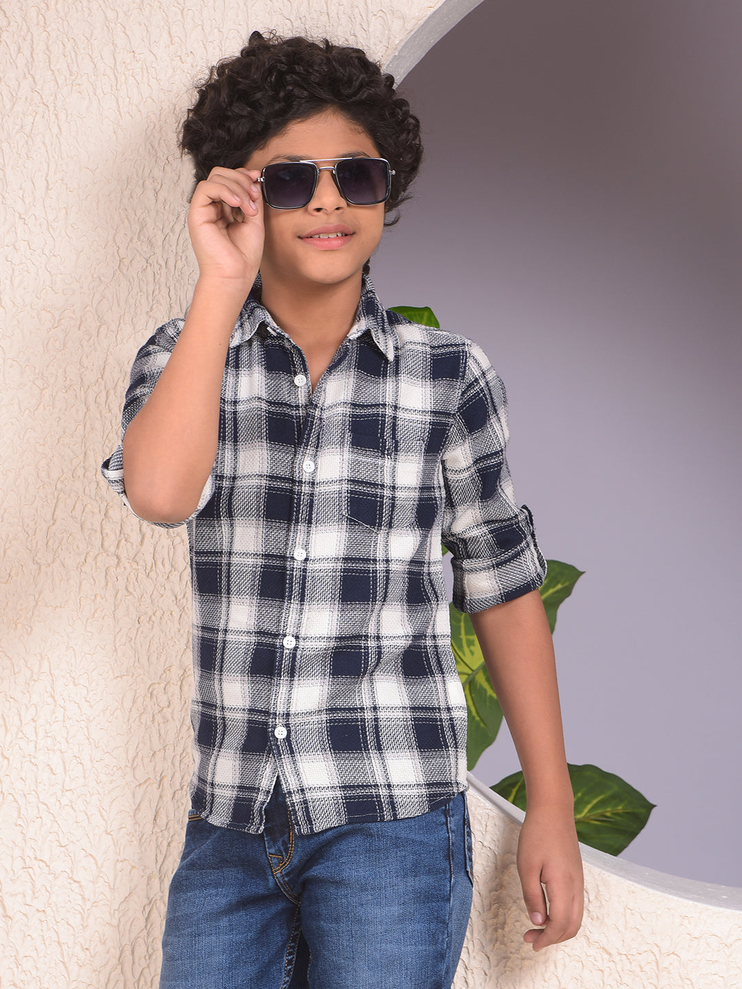 Navy Blue Checked 100% Cotton Shirt