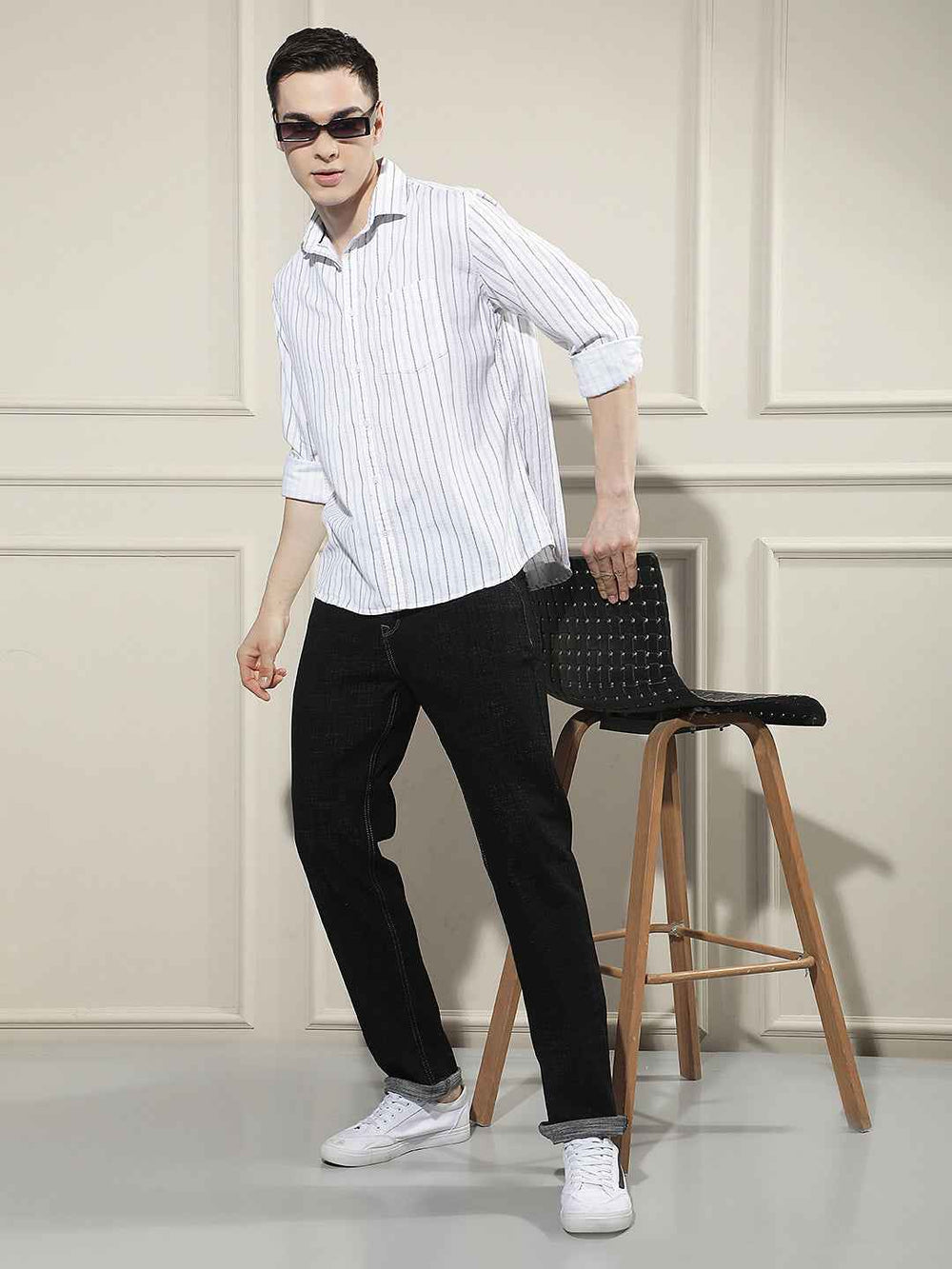 White Vertical Stripes 100% Cotton Corduroy Shirt
