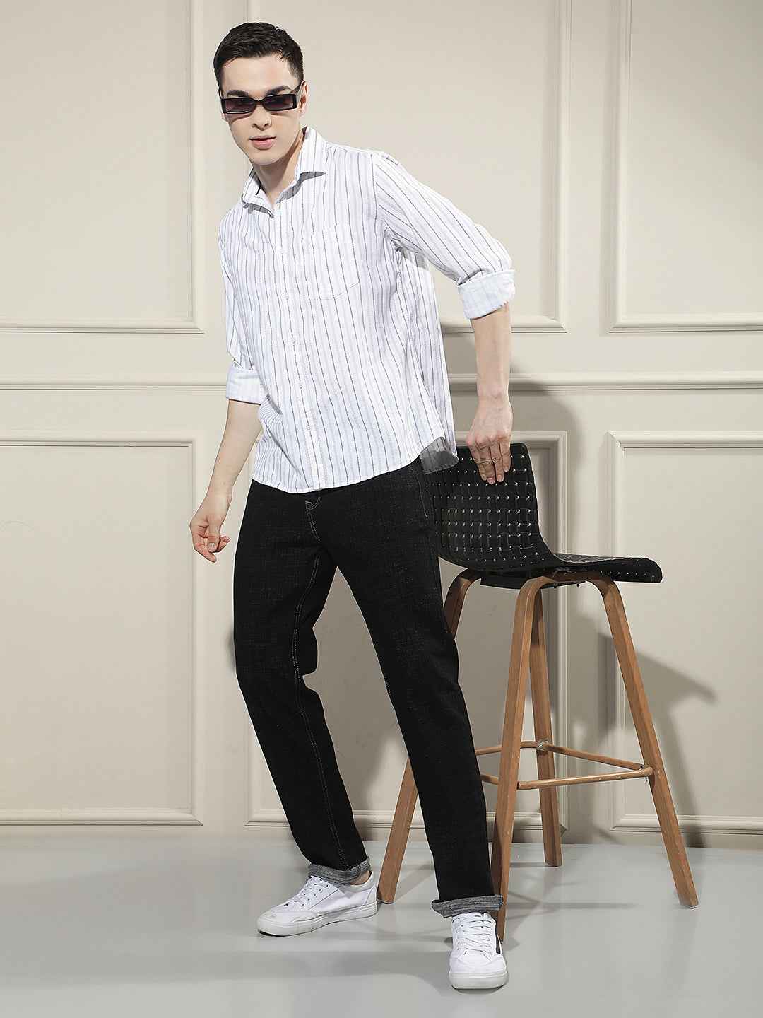 White Vertical Stripes 100% Cotton Corduroy Shirt