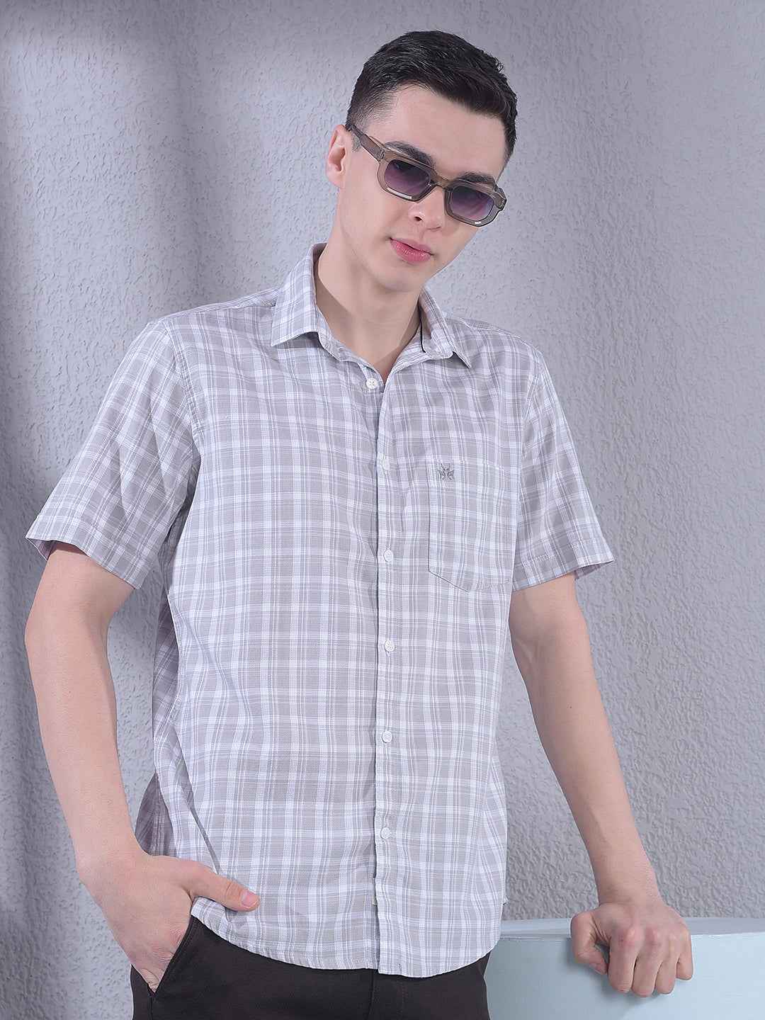 Grey 100% Cotton Checked Shirt
