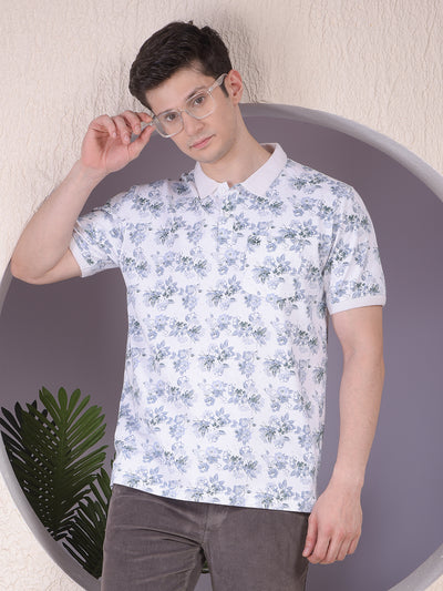 Green Floral Print Polo-Neck T-Shirt