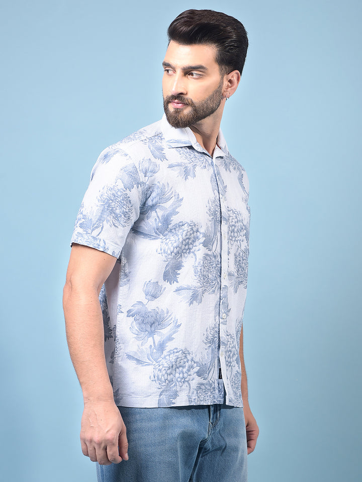 Men's Blue Floral Print 100% Cotton Shirt-Men Shirts-Crimsoune Club