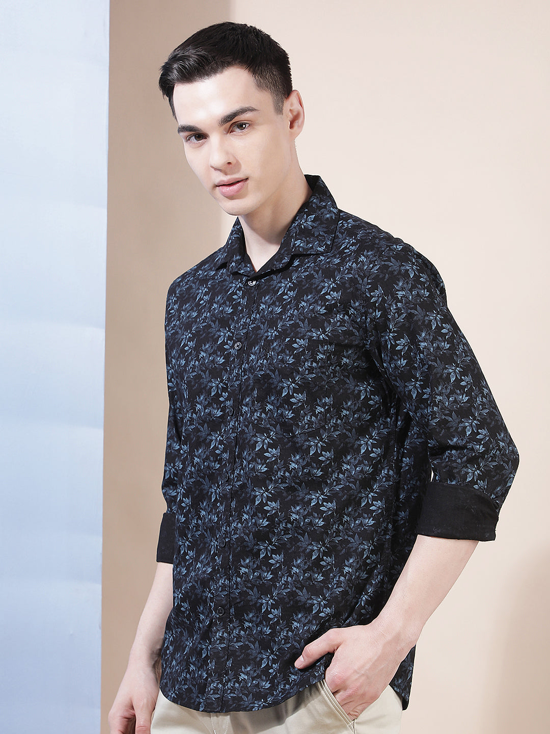 Navy Blue Floral Print Shirt