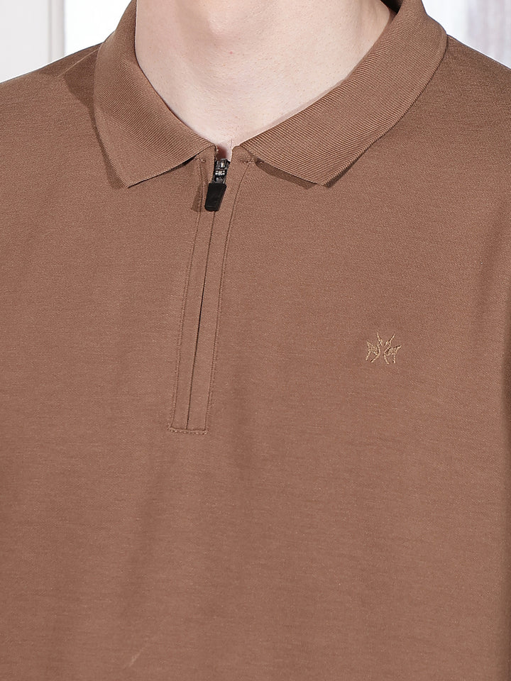 Brown Polo Neck Front Open Sweatshirt