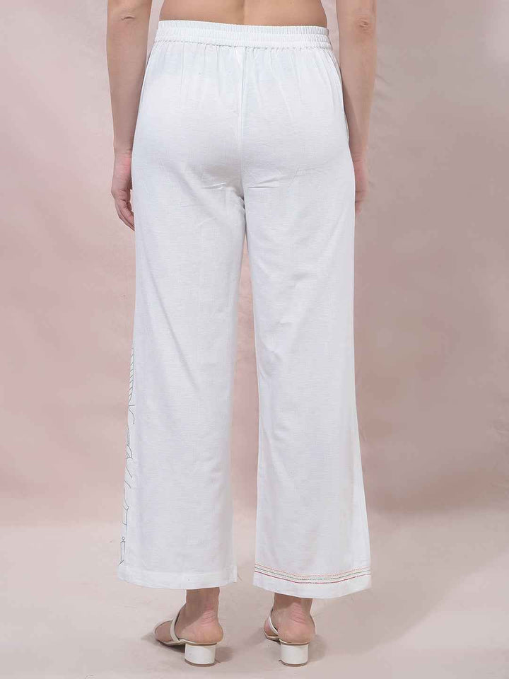 Off White Embroidered Wide Leg Casual Trousers