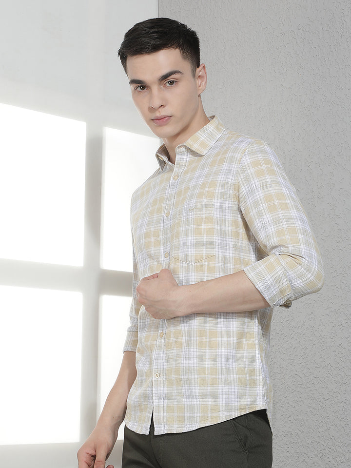 Beige Tartan Checked 100% Cotton Shirt