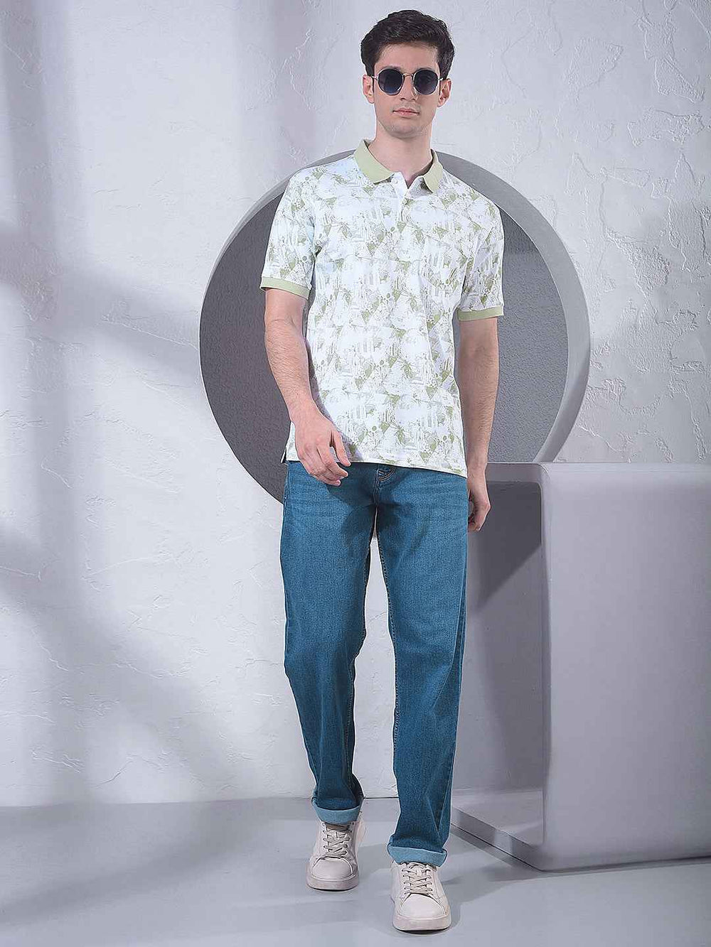 Green Printed Polo Neck 100% Cotton T-Shirt