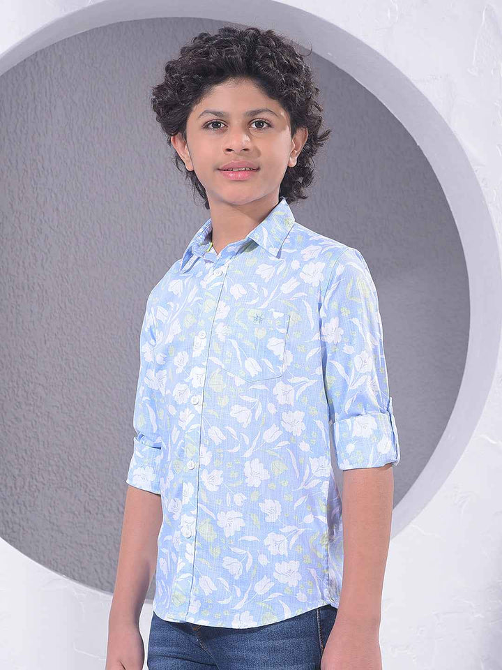 Blue Floral Print 100% Cotton Shirt