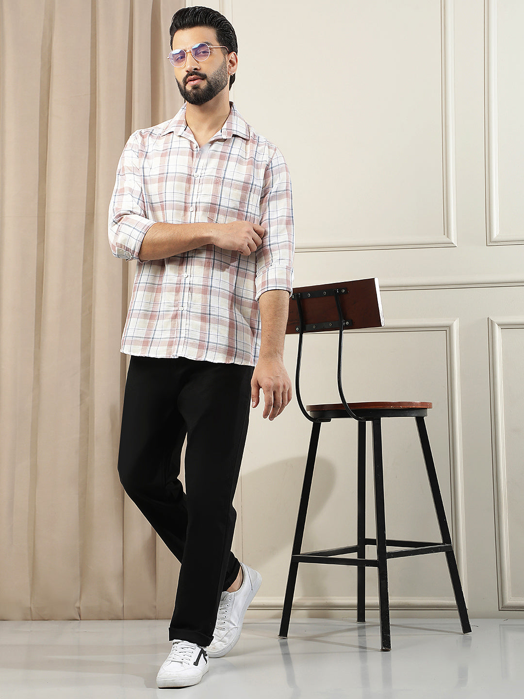 Peach Checked Linen Shirt