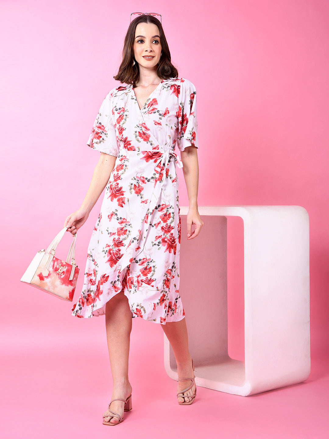 Red Floral Print V-Neck Linen Dress-Women Dress-Crimsoune Club