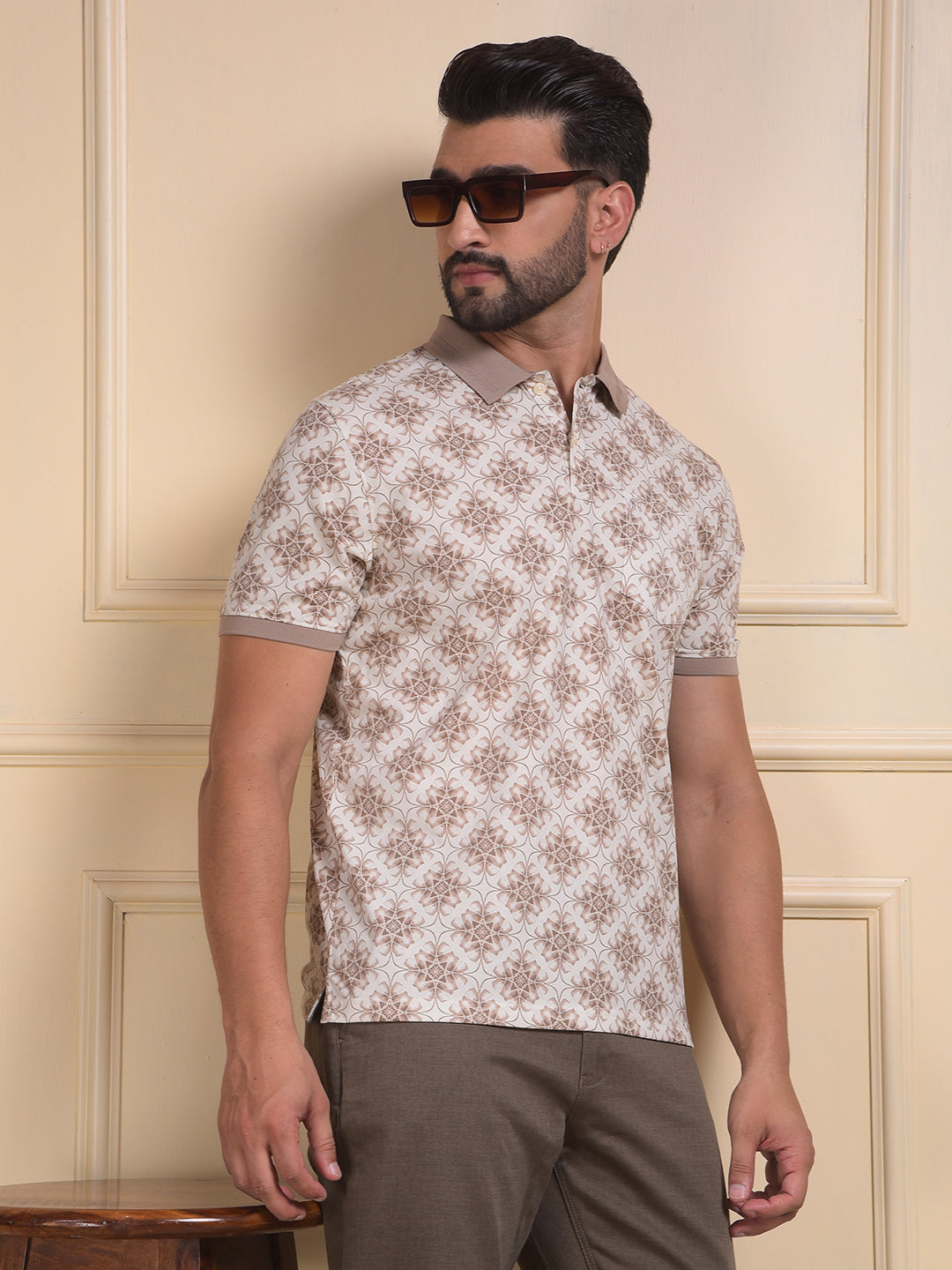 Brown Printed Polo Neck T-Shirt