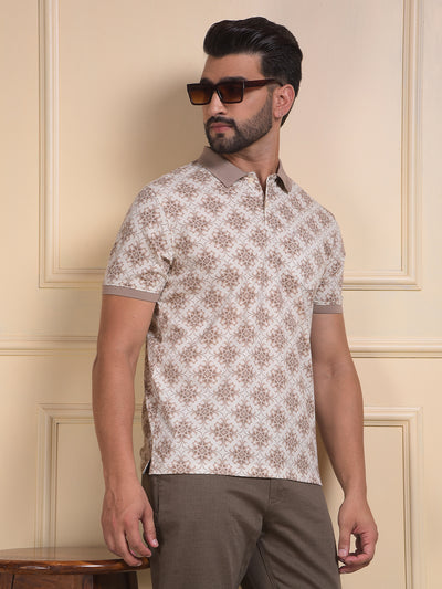 Brown Printed Polo Neck T-Shirt