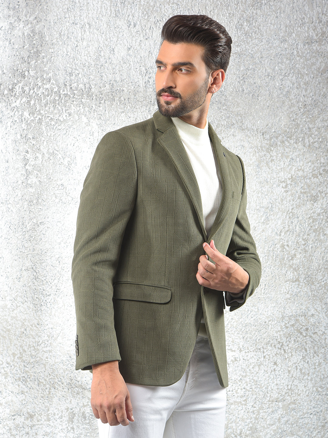 Olive Jacquard Notched Lapel Single-Breasted Blazer