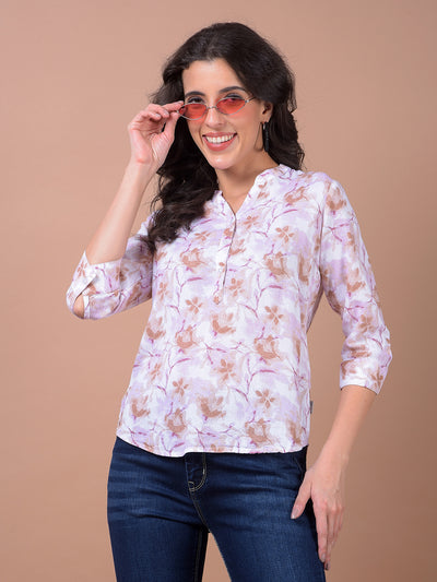 Pink Floral Print V-Neck Linen Top