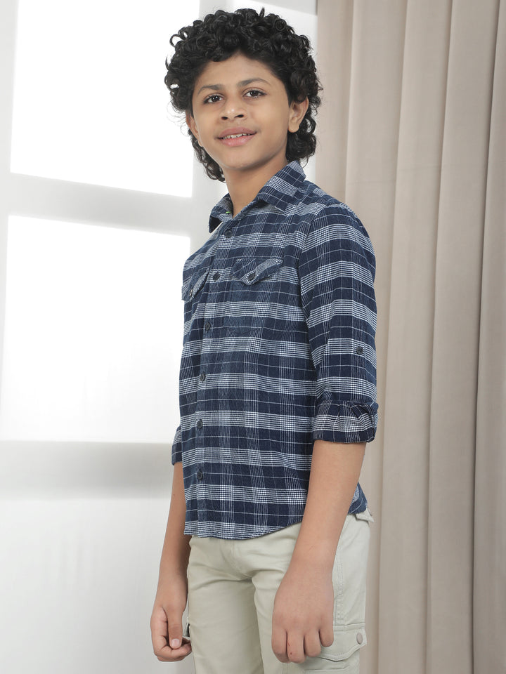 Blue Checked 100% Cotton Corduroy Shirt