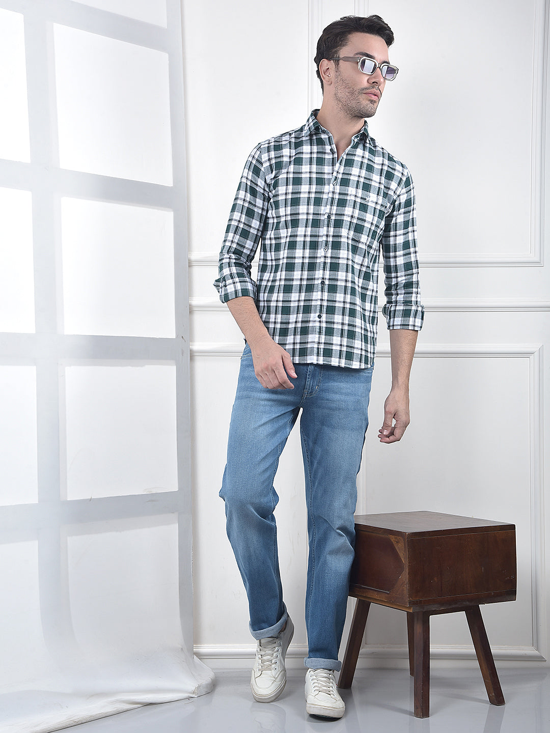 Green Checked 100% Cotton Casual Shirt
