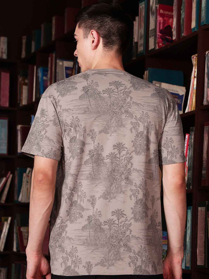 Olive Round Neck Tropical Printed T-Shirt