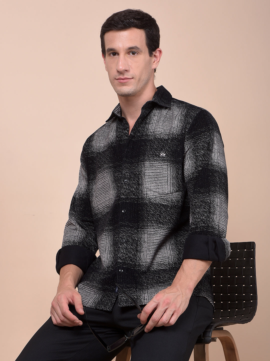 Black Checked 100% Cotton Corduroy Shirt