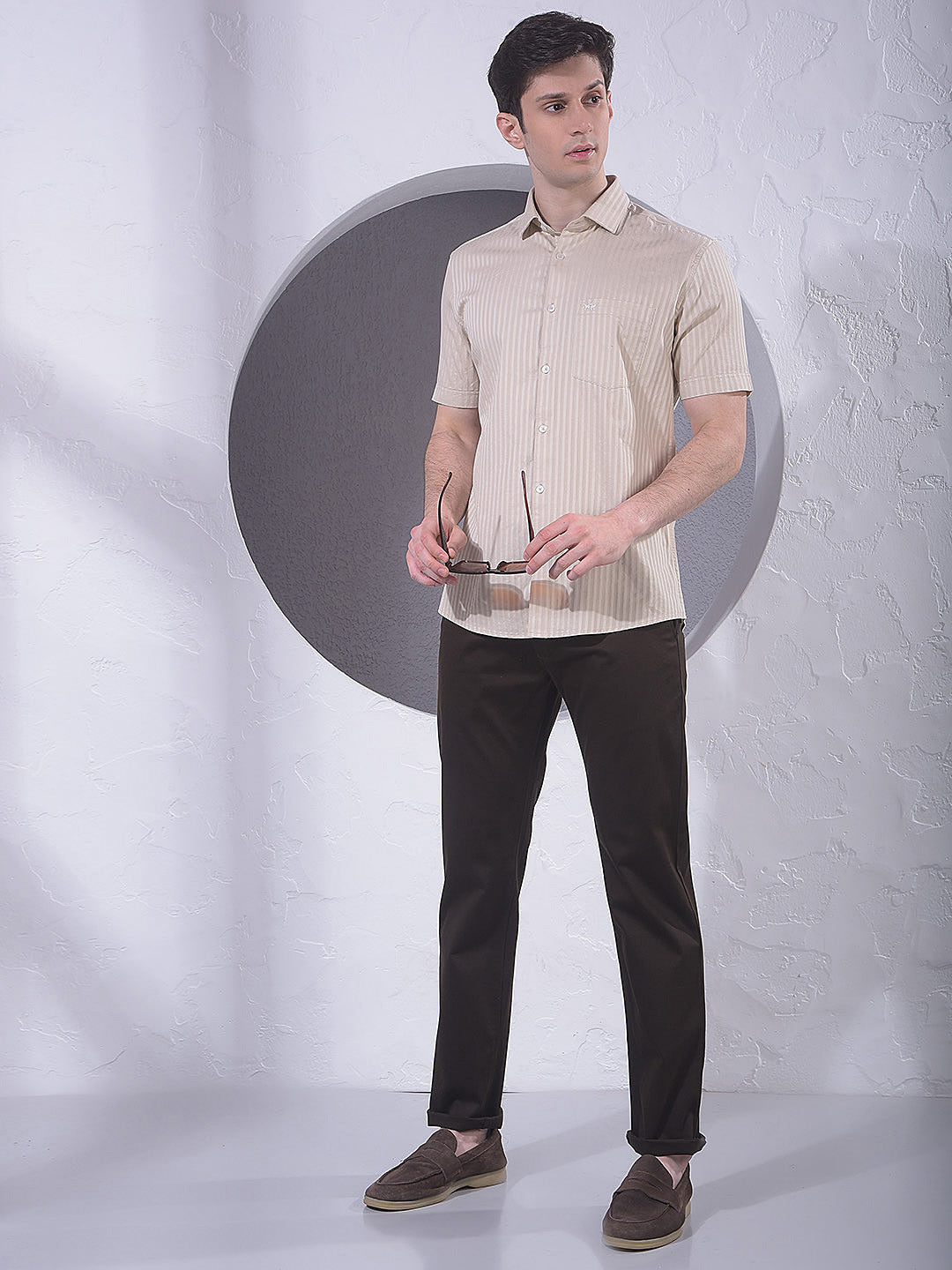 Beige Vertical Stripes 100% Cotton Shirt