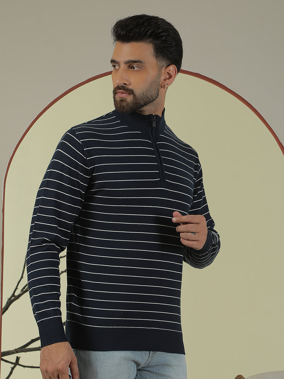 Navy Blue Horizontal Stripes Mock Neck Sweater