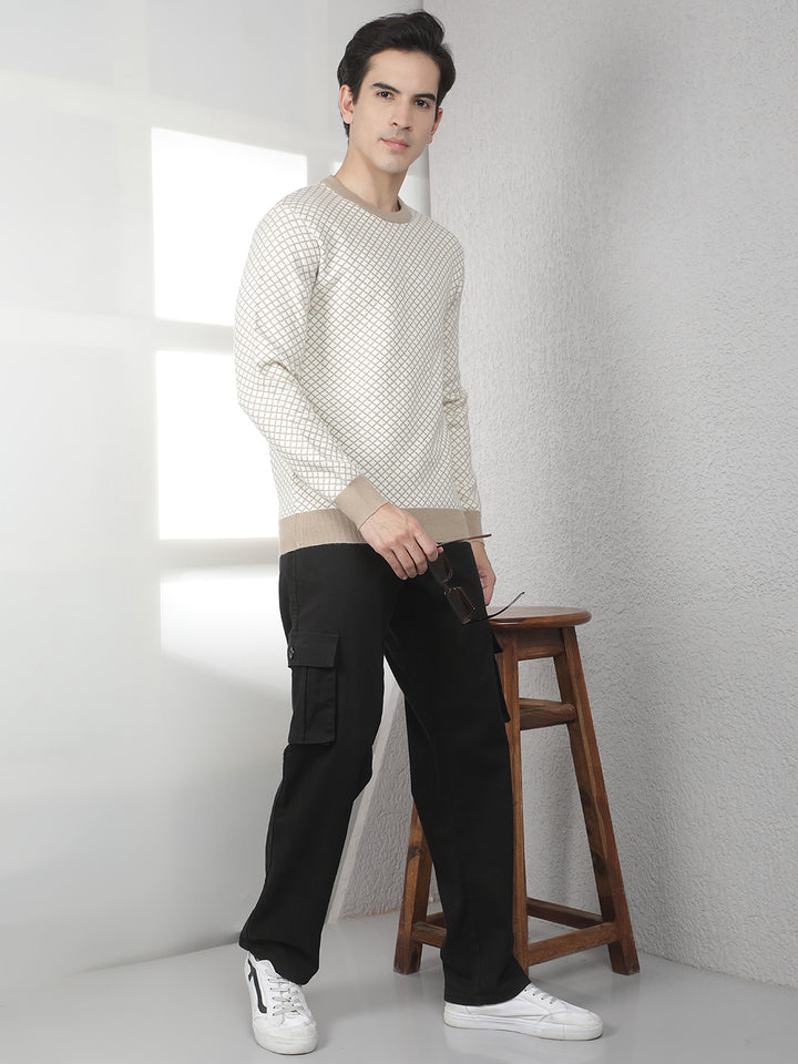 Beige Geometric Print Round Neck Sweater