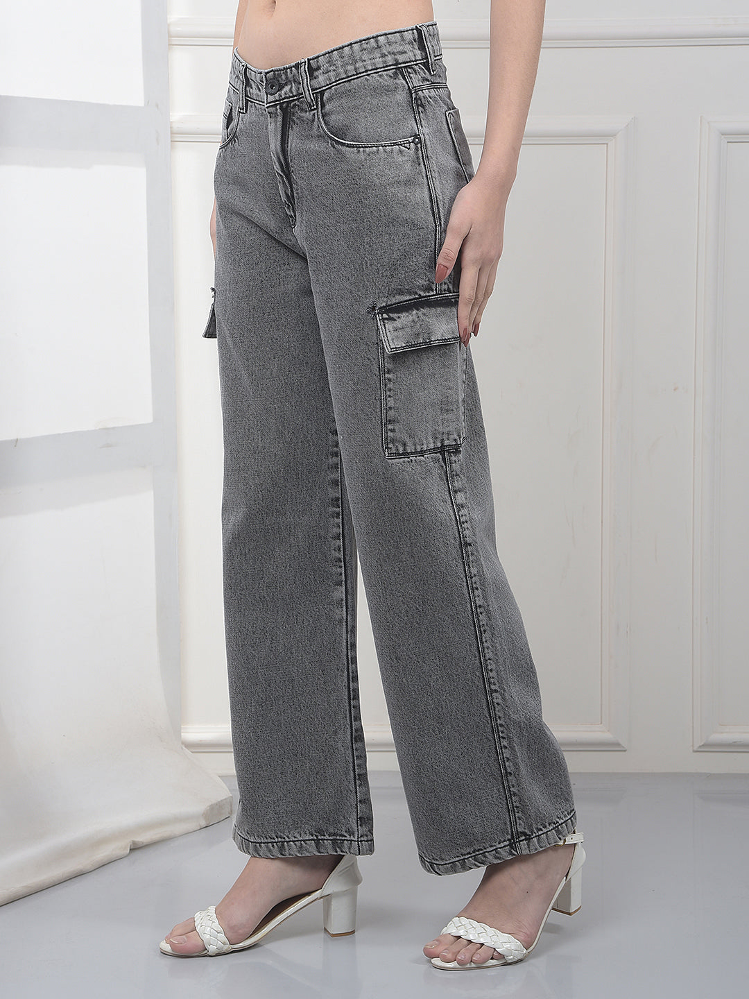 Ash Grey 100% Cotton Wide-Leg Cargo Jeans