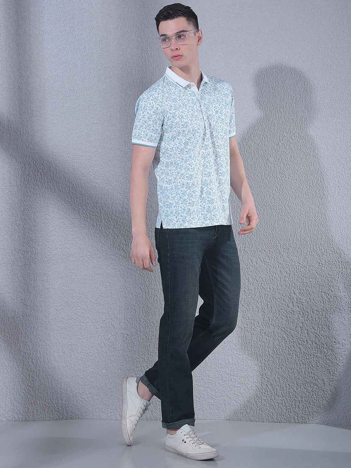 Green Floral Print Polo Neck T-Shirt