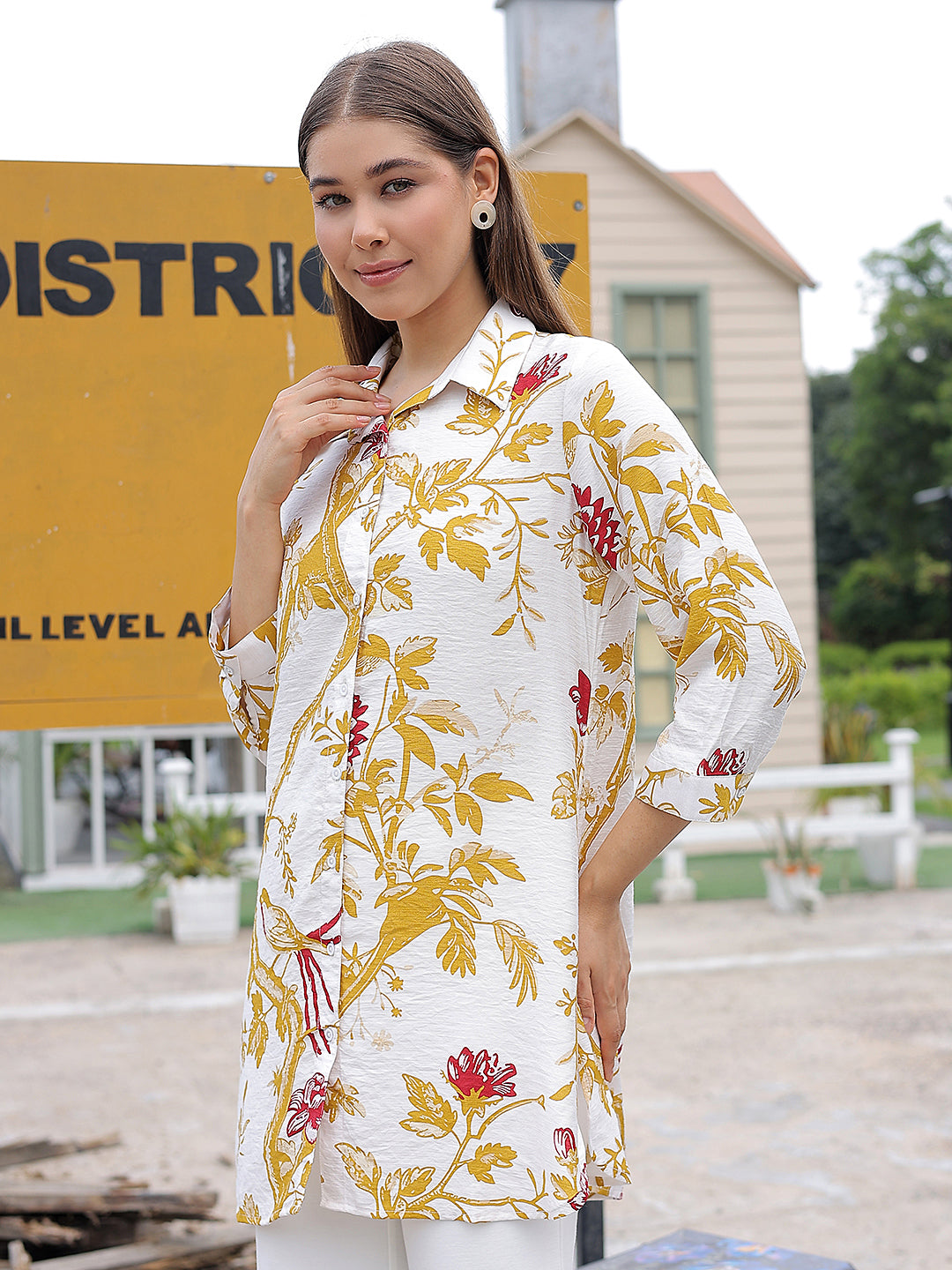 Mustard Floral Print Mid-Thigh Length Shirt