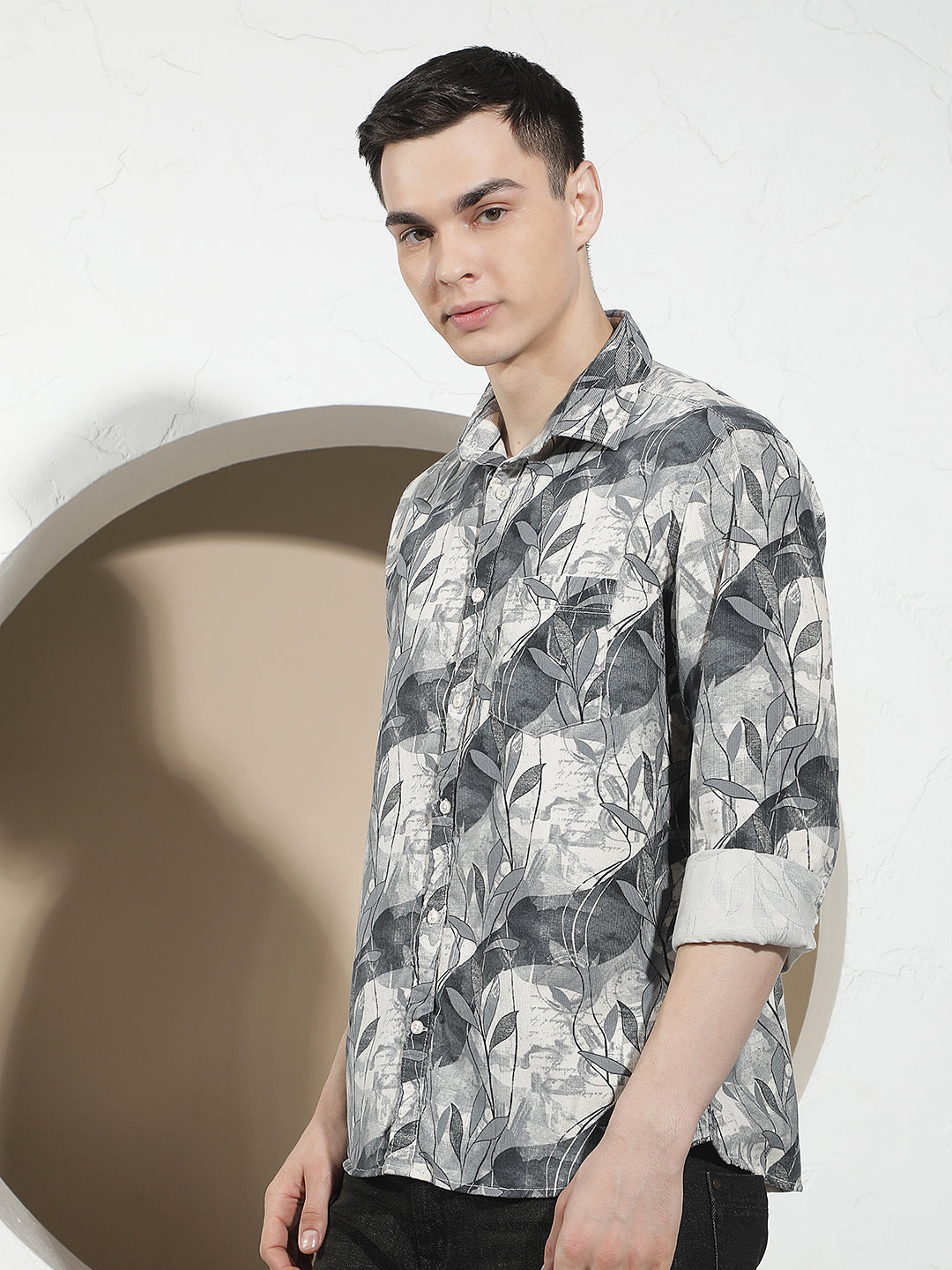 Grey Floral Print 100% Cotton Corduroy Shirt