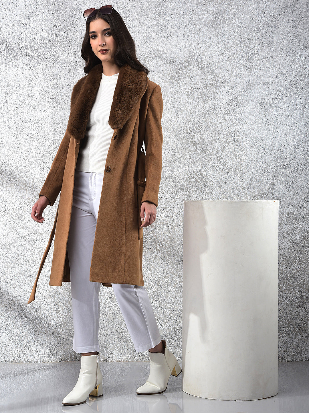 Brown Notched Lapel Overcoat With Belt