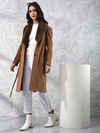 Brown Notched Lapel Overcoat With Belt