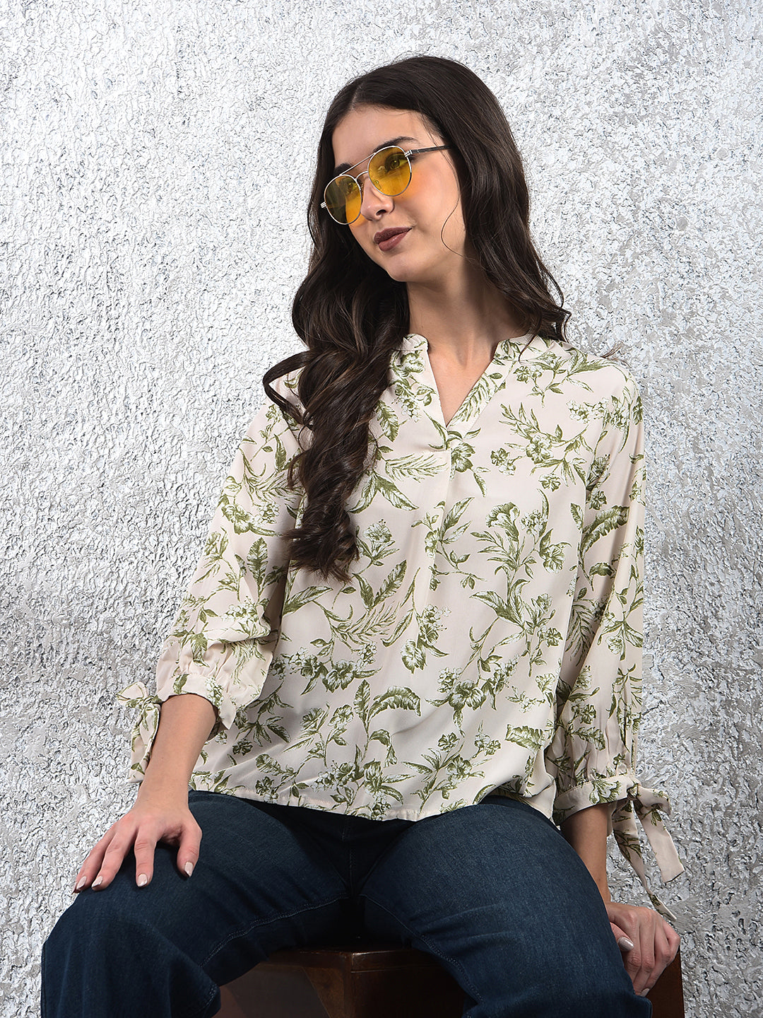 Green Floral Print V-Neck Top
