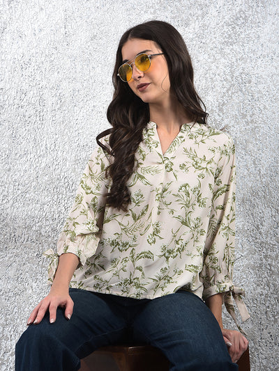 Green Floral Print V-Neck Top