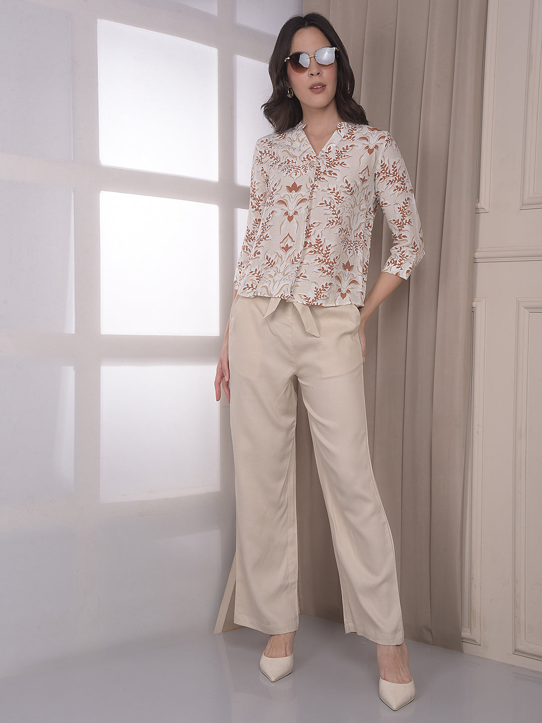Beige Wide Leg Casual Trousers With Belt