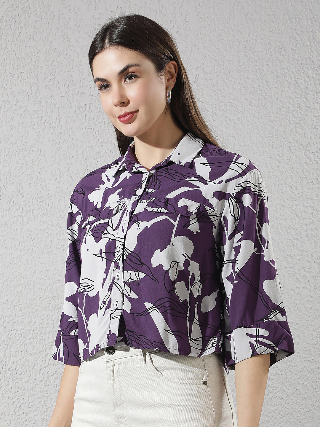 Purple Graphic Print Cropped Shirt