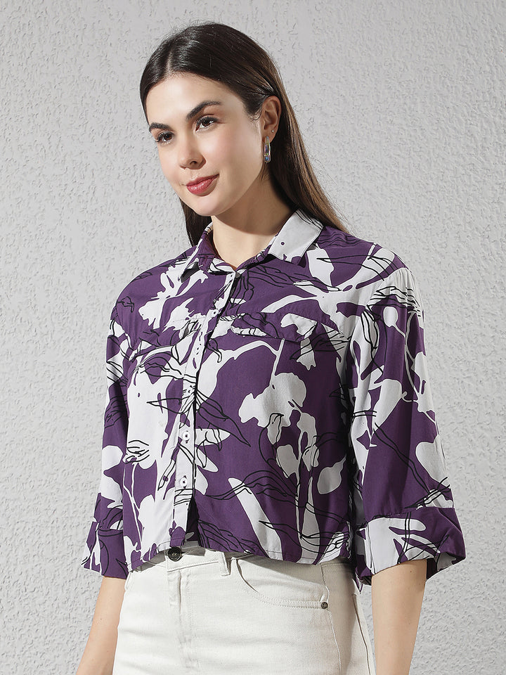 Purple Graphic Print Cropped Shirt