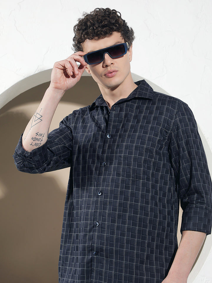 Navy Blue Checked 100% Cotton Shirt