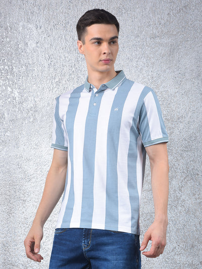 Blue Vertical Stripes 100% Cotton Polo Neck T-Shirt-Men T-Shirts-Crimsoune Club