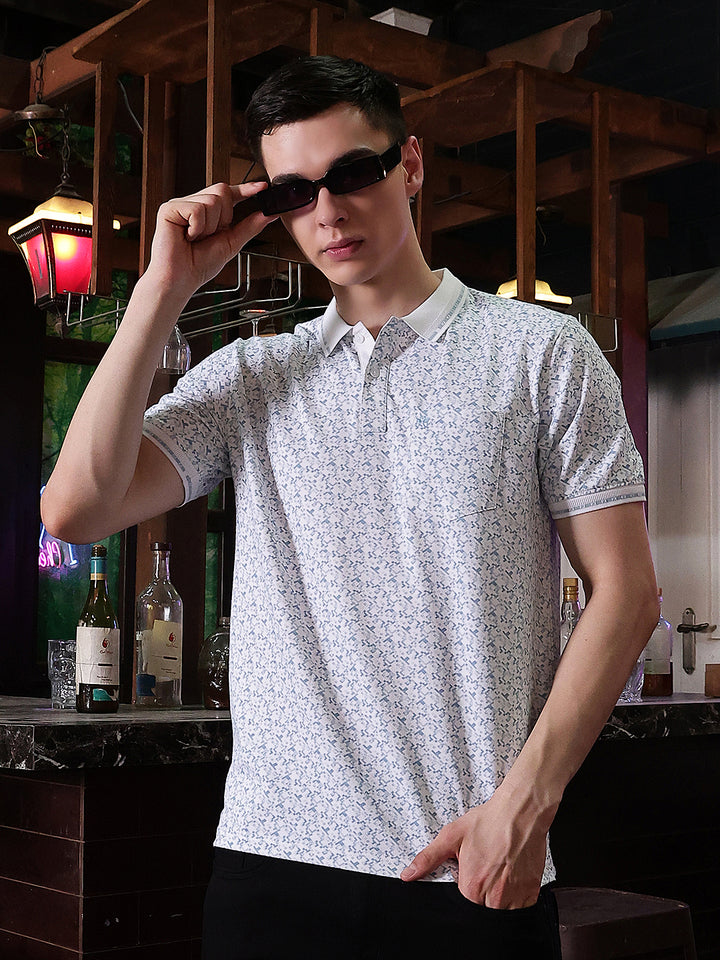Blue Geometric Print Polo Neck T-Shirt