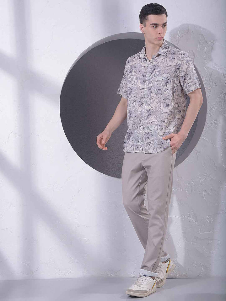 Purple Floral Print Linen Shirt