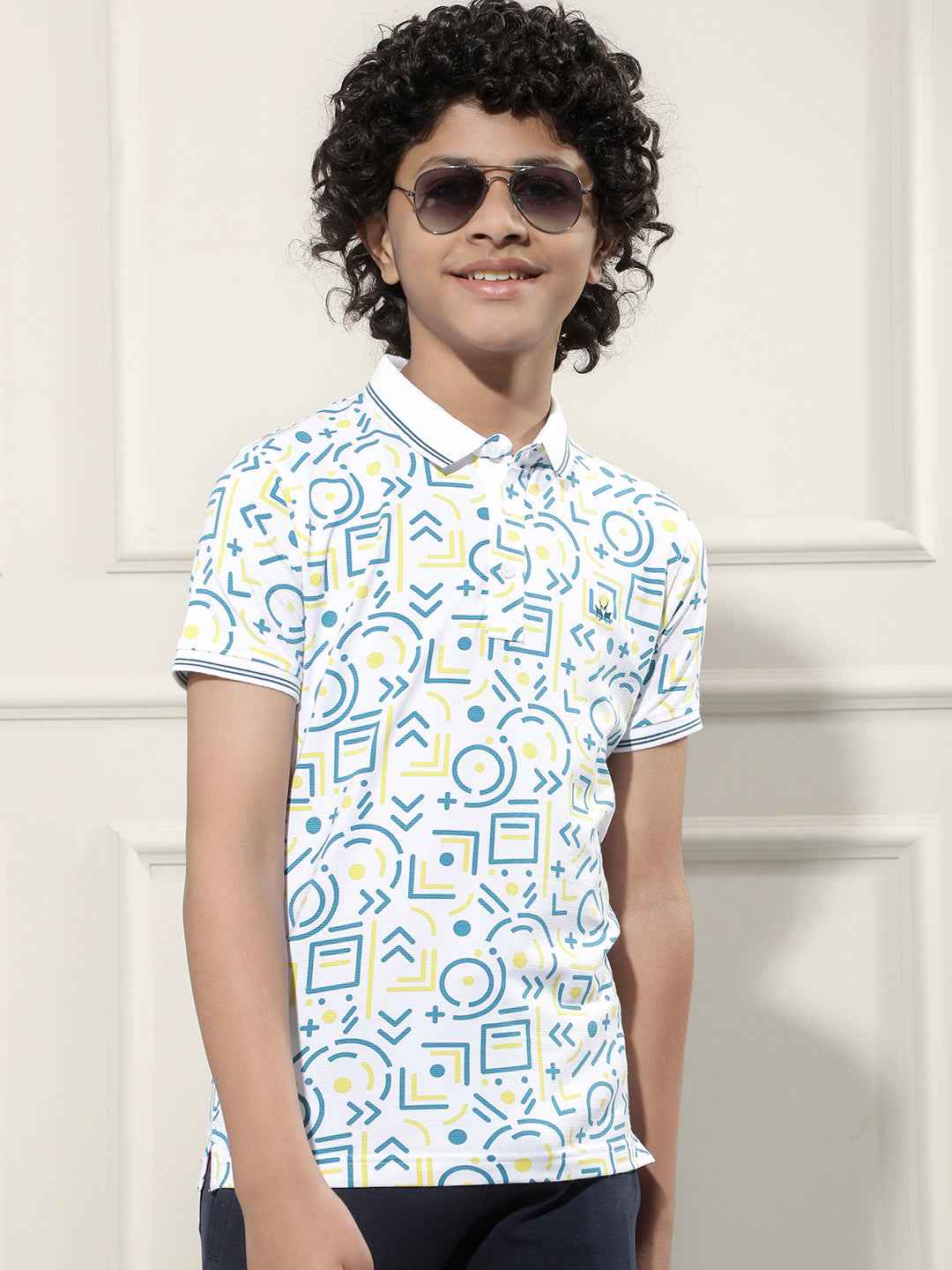 Geometric Print White Polo T-Shirt