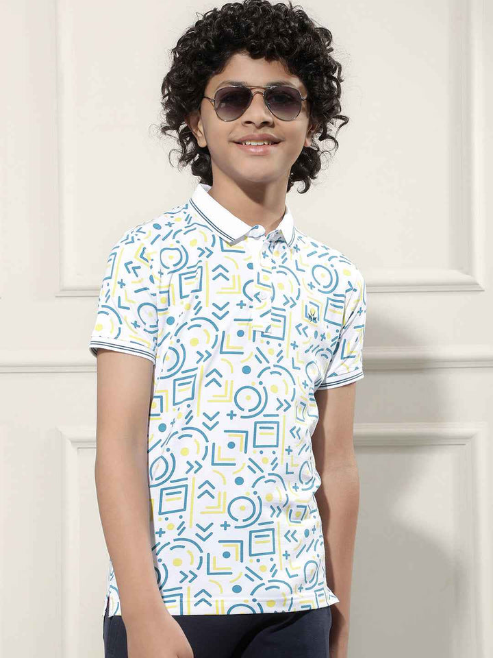 Geometric Print White Polo T-Shirt
