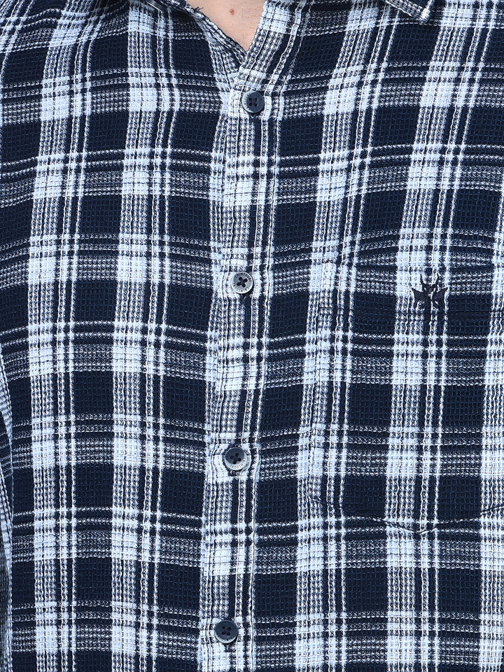 Navy Blue Checked 100% Cotton Knitted Shirt
