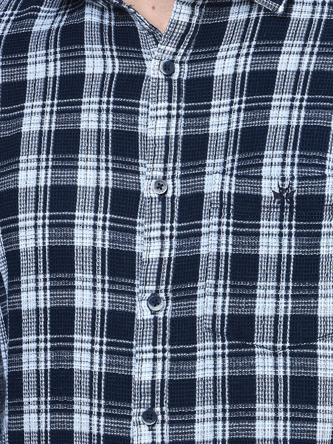 Navy Blue Checked 100% Cotton Knitted Shirt