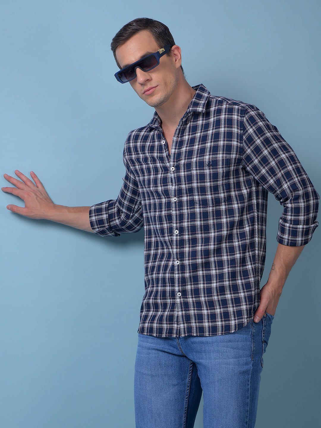Navy Blue Checked 100% Cotton Shirt