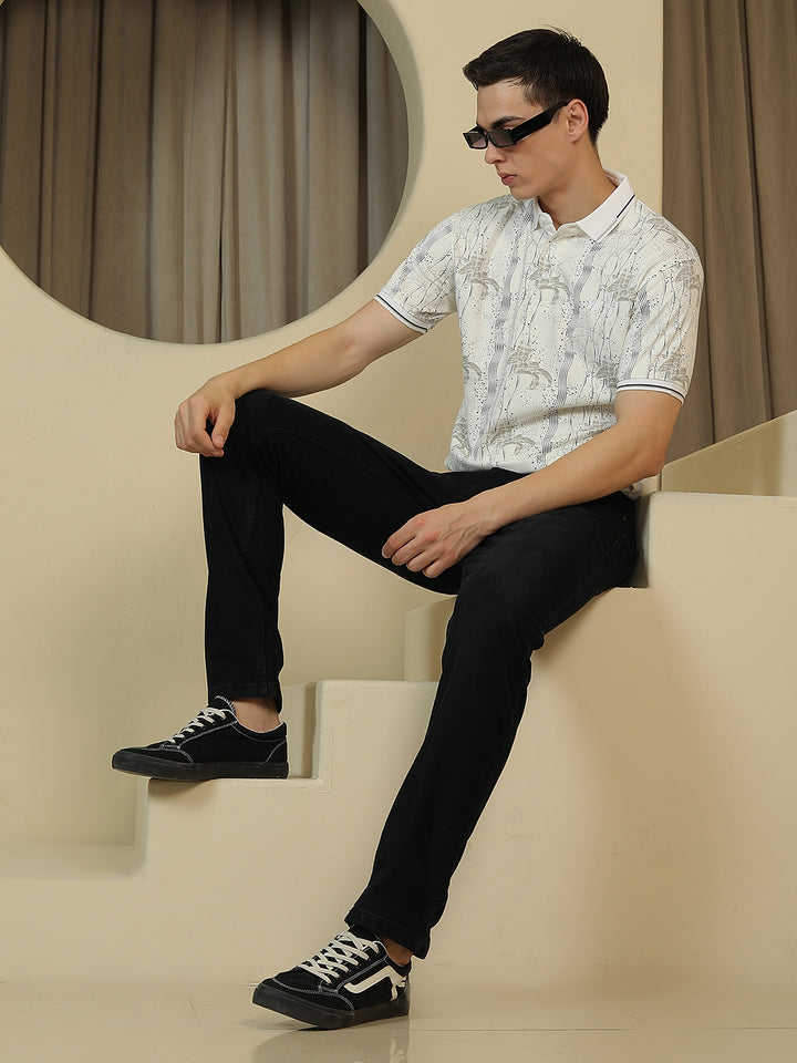 Off White Floral Print Polo Neck T-Shirt