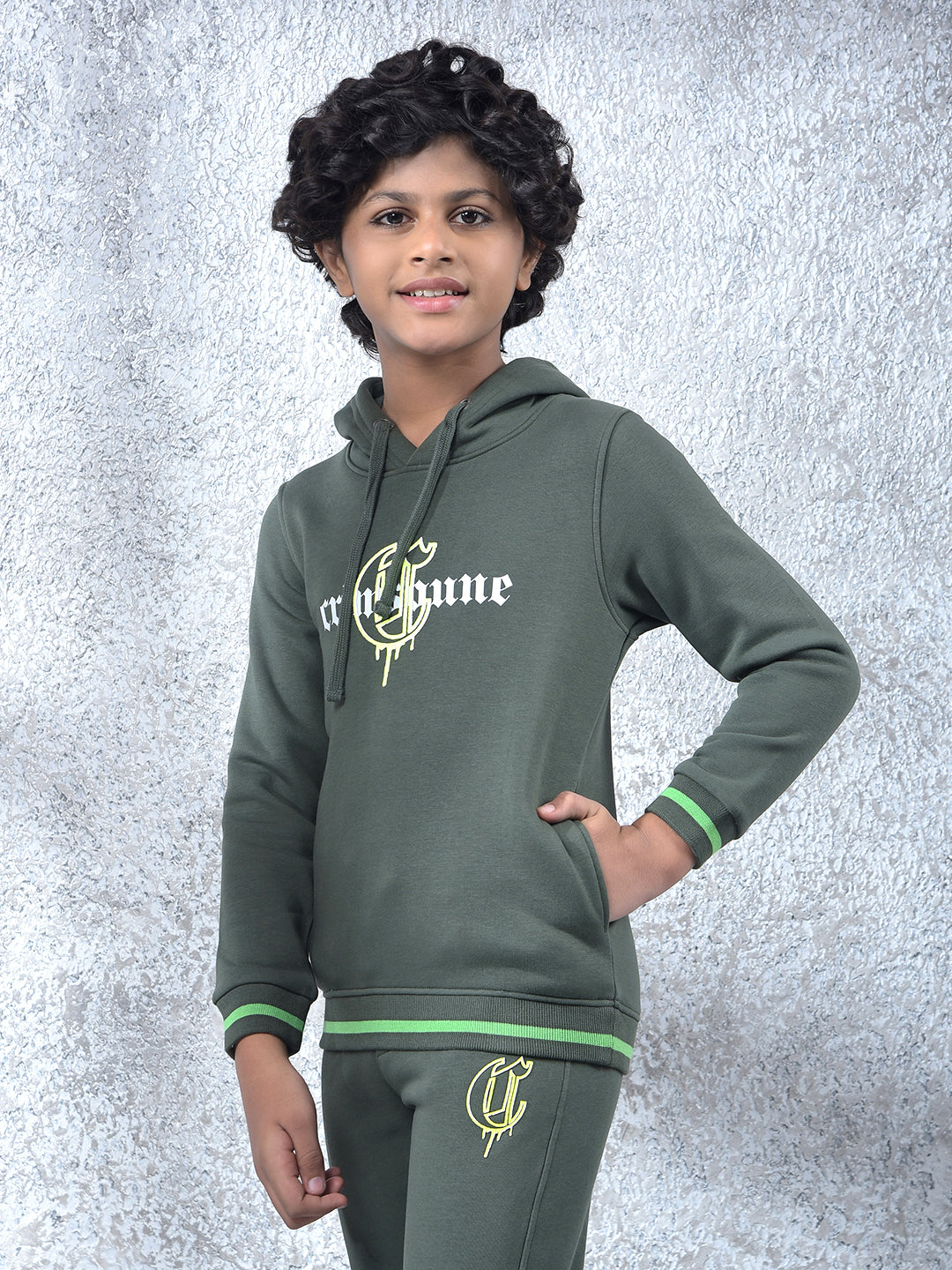 Olive Typographic Print Hooded Neck Sweatshirt