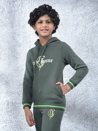 Olive Typographic Print Hooded Neck Sweatshirt