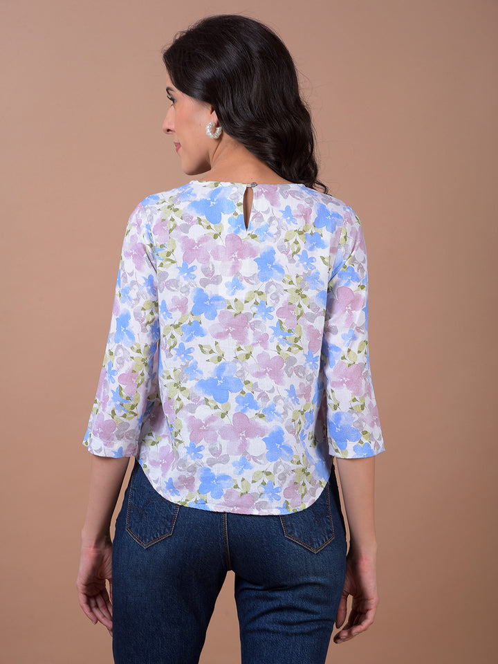 Multi-Color Floral Print Linen Top