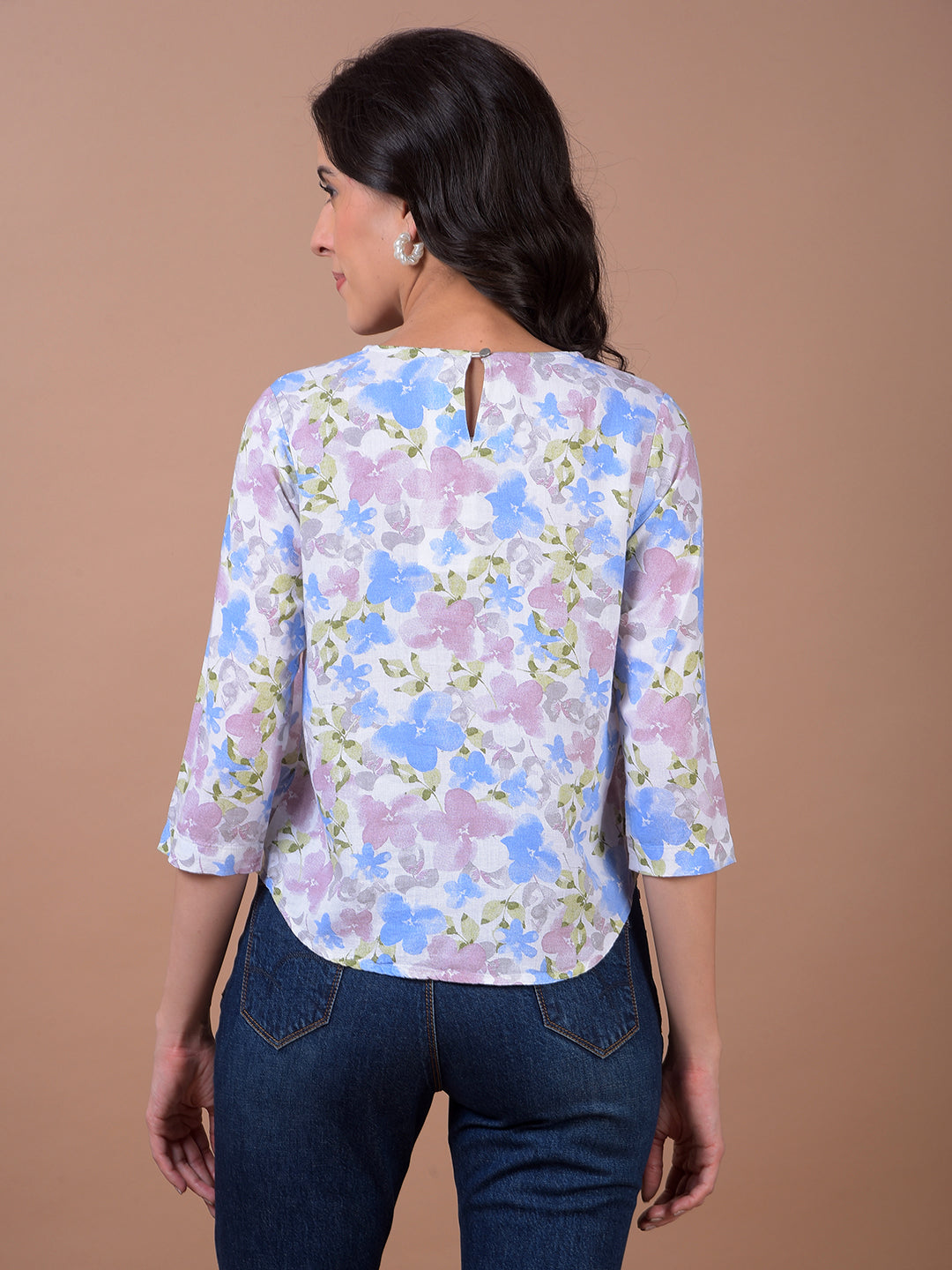 Multi-Color Floral Print Linen Top